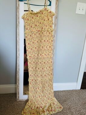 Yellow Floral Smocked Maxi Dress with Ruffle Hem
